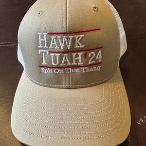 Tan and White Cap with Embroidered Text
